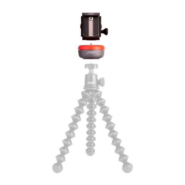 Joby Spin Phone Mount Kit on esitetty täysvärisenä, ja sen päällä on älypuhelimen kiinnike ja kompakti punaisen ja harmaan värinen kuulapää, joiden alla on puoliksi läpinäkyvä taipuisa jalusta, joka havainnollistaa kokoamisjärjestystä.