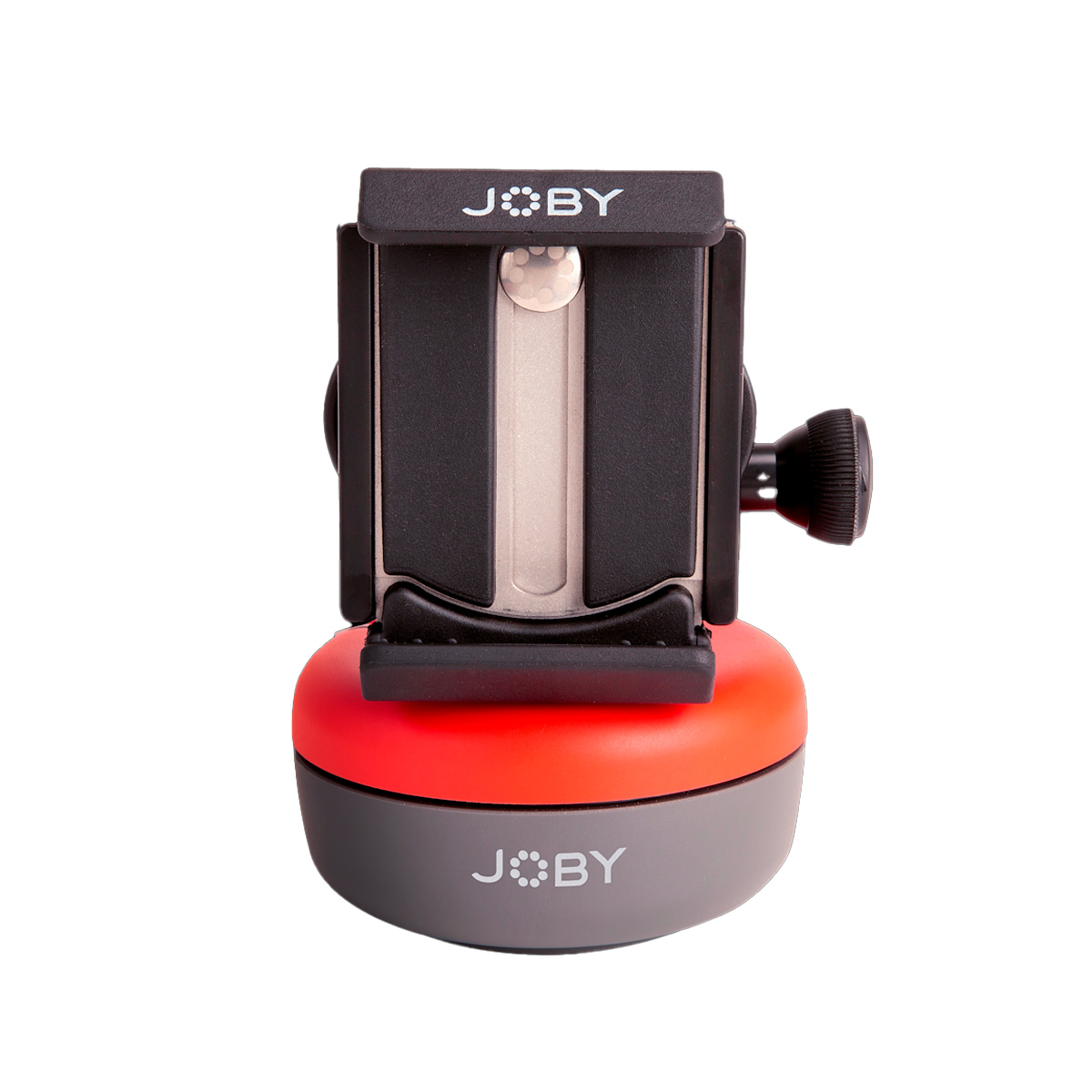 Lähikuva Joby Spin Phone Mount Kit -puhelinkiinnityssarjasta, jossa on musta säädettävä kiinnike, hopeinen metallinen liukusäädin sekä punainen ja harmaa pohja valkoista taustaa vasten.