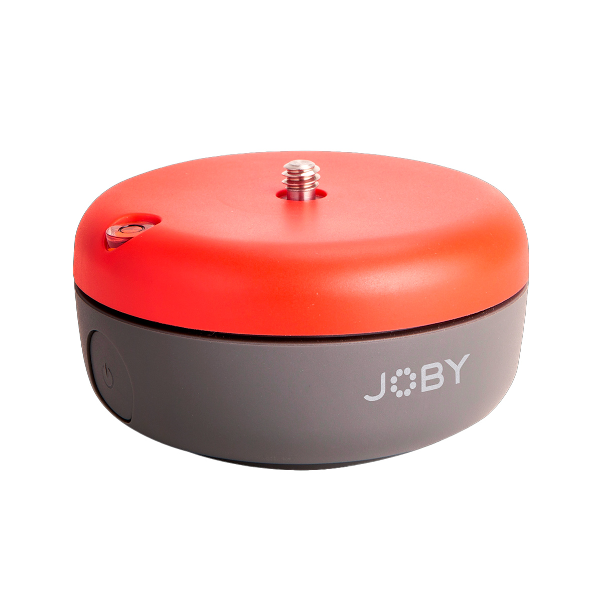 Joby Spin - Jalustapää on pieni, pyöreä laite, jossa on punainen yläosa, harmaa pohja, metallinen ruuvi yläosassa ja JOBY-logo sivulla.