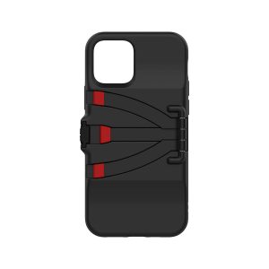 Joby StandPoint iPhone 12 & 12 Pro - kotelo on musta älypuhelinkotelo, jossa on geometrinen muotoilu, jossa on kaksi punaista kulmikasta suorakulmaa ja kaarevia mustia viivoja valkoisella pohjalla.