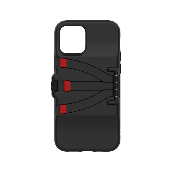 Joby StandPoint iPhone 12 & 12 Pro - kotelo on musta älypuhelinkotelo, jossa on geometrinen muotoilu, jossa on kaksi punaista kulmikasta suorakulmaa ja kaarevia mustia viivoja valkoisella pohjalla.