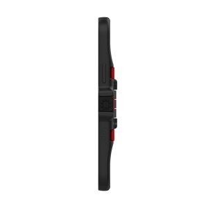 Sivukuva Joby StandPoint iPhone 12 & 12 Pro - kotelosta mustaa ja punaista muovia, jossa on ohut profiili, useita näkyviä painikkeita ja kuvioitu keskialue valkoista taustaa vasten.