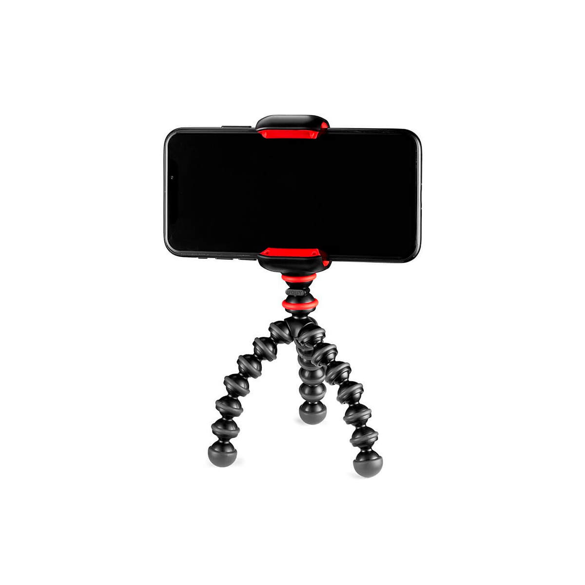 Älypuhelin asennettuna vaakasuoraan JOBY GorillaPod Starter Kitiin, pieneen taipuisaan jalustaan, jossa on mustia ja punaisia korostuksia, eristettynä valkoiselle taustalle.