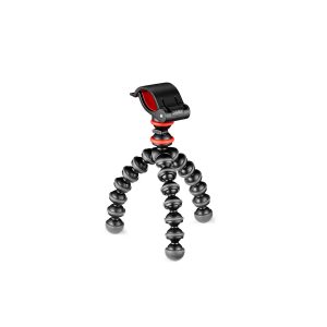 JOBY GorillaPod Starter Kit on kompakti, joustava kolmijalka, jossa on mustat ja harmaat segmentoidut jalat ja puhelimen kiinnike, joka on suunniteltu älypuhelinten tai kameroiden pitämiseen. Sen taipuisat jalat kiertyvät esineiden ympärille monipuoliseen sijoitteluun.