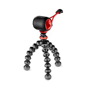 JOBY GorillaPod Starter Kit on musta ja punainen taipuisa kolmijalka, jossa on taivutettavat jalat ja kompakti sylinterinmuotoinen kiinnike, joka on suunniteltu kameroiden tai älypuhelinten pitämiseen.