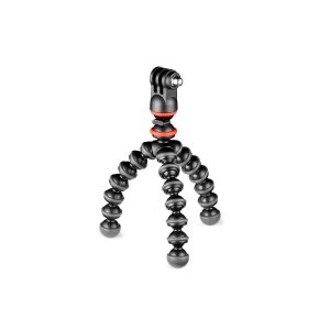 JOBY GorillaPod Starter Kit on joustava mustapunainen kolmijalkainen jalusta, jossa on kolme taivutettavaa jalkaa ja kameran tai älypuhelimen kiinnike.