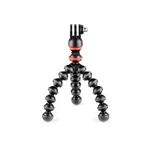 JOBY GorillaPod Starter Kit on joustava musta jalusta, jossa on kolme segmentoitua, taivutettavaa jalkaa ja GoPro-tyylinen kiinnike, kuvassa valkoisella pohjalla.