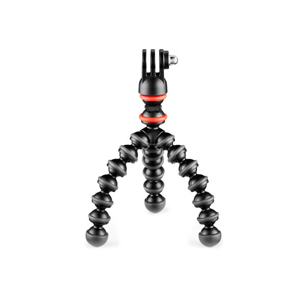 JOBY GorillaPod Starter Kit on joustava musta jalusta, jossa on kolme segmentoitua, taivutettavaa jalkaa ja GoPro-tyylinen kiinnike, kuvassa valkoisella pohjalla.