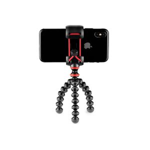 JOBY GorillaPod Starter Kit, musta ja punainen, pitää älypuhelinta vaakasuorassa niin, että Applen logo ja kamera ovat näkyvissä. Jalusta seisoo valkoisella taustalla.