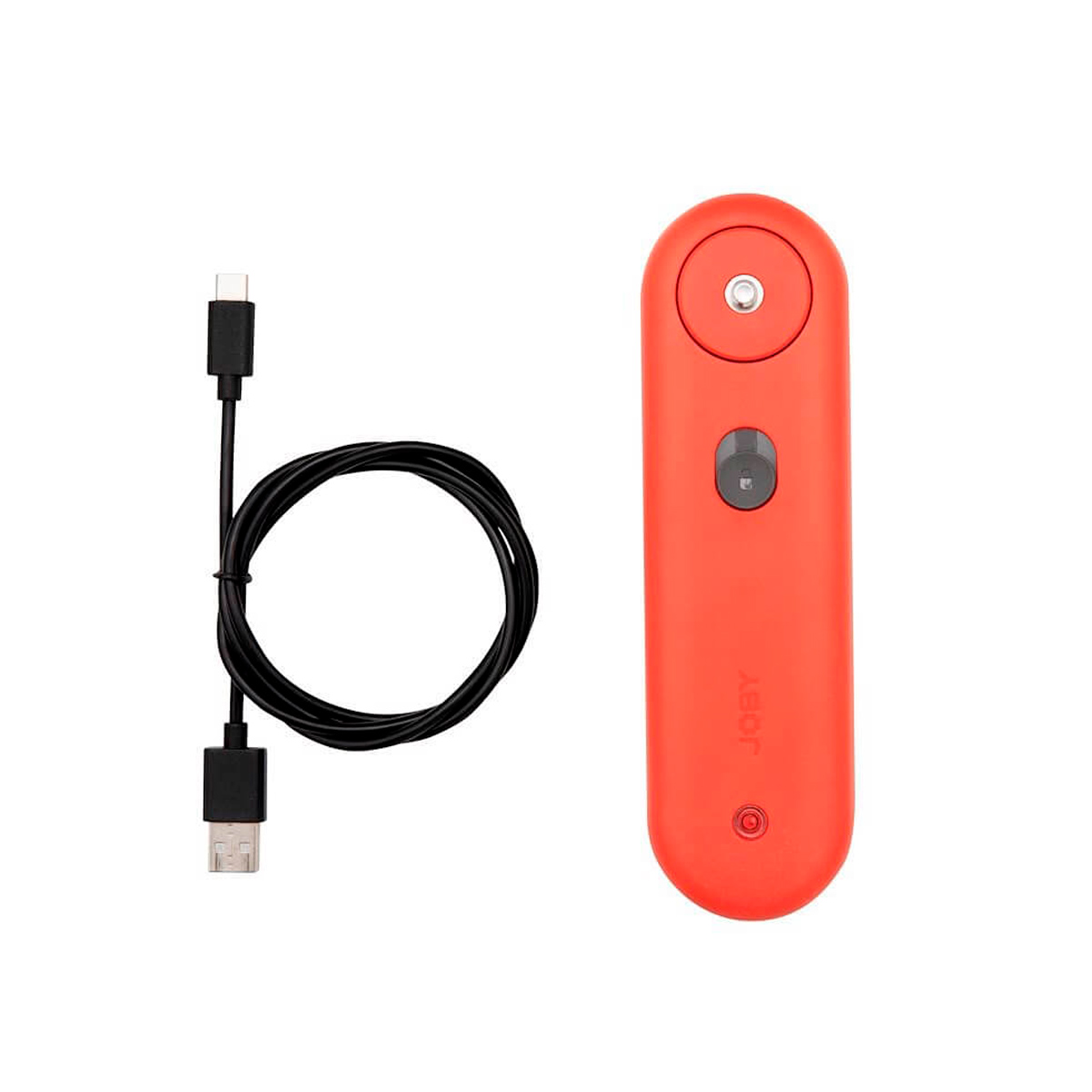 Joby Swing - Slider, punainen kädessä pidettävä laite, jossa on painike ja virransyöttösymboli, näkyy mustan, valkoisella pohjalla olevan USB-A:n ja USB-C:n välisen latauskaapelin vieressä.