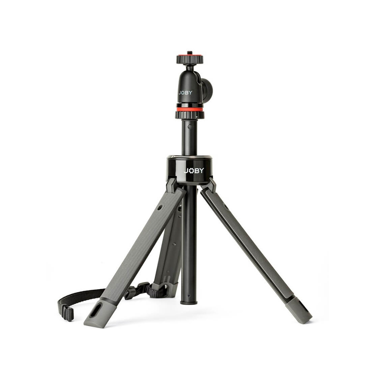 The Joby TelePod Pro Kit, with three extended legs, black and red adjustable headset and wrist strap, is pictured with a white background.
