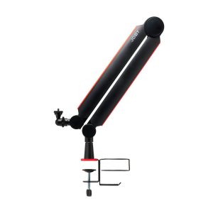 Joby Wavo Boom Arm on mustan ja punaisen värinen säädettävä mikrofonivarsijalusta, jossa on pöytäkiinnike, kuvassa sivukuva valkoista taustaa vasten.