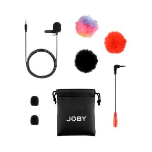 The Joby Wavo Lav Microphone set includes foam protectors, three colourful windscreens, a 3.5mm adapter and a black JOBY carrying case, all neatly displayed on a white background.