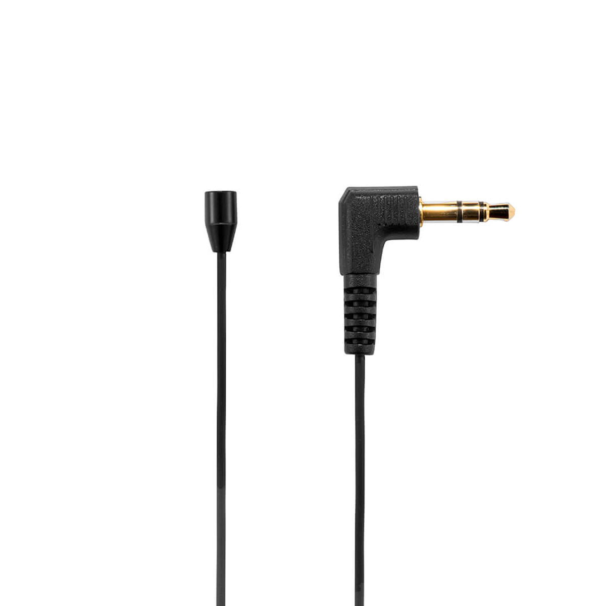 Joby Wavo Lav PRO Mikrofoni on musta lavalier-mikrofoni, jossa on ohut kaapeli ja suorakulmainen 3,5 mm:n audioliitäntä, kuvassa valkoista taustaa vasten.