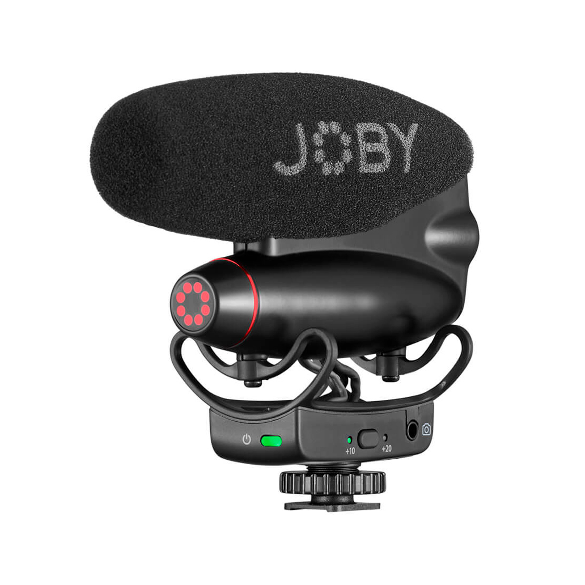 Black Joby Wavo Pro DS - Microphone with foam windscreen, visible control buttons, indicator lights and mounting bracket, shown insulated on a white background.