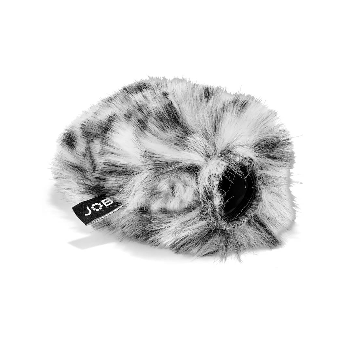 Joby Wavo Windjammer Polar on harmaan ja valkoisen karvapeitteinen mikrofonin tuulisuoja (deadcat), jossa on pieni musta tunniste valkoisella tekstillä ja avoin pää mikrofonin helppoa asettamista varten.