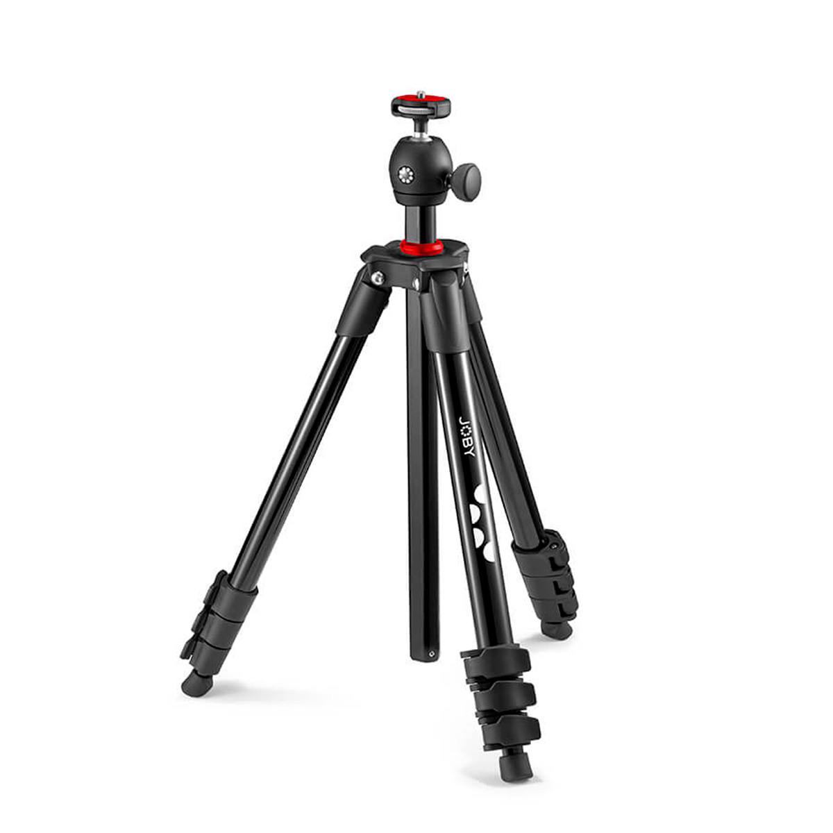 Joby Compact Light Kit -kamerastatiivi, jossa on säädettävät jalat, kuulapääkiinnitys, punaiset korostukset ja jalkojen pikalukot, on kuvassa valkoisella taustalla.