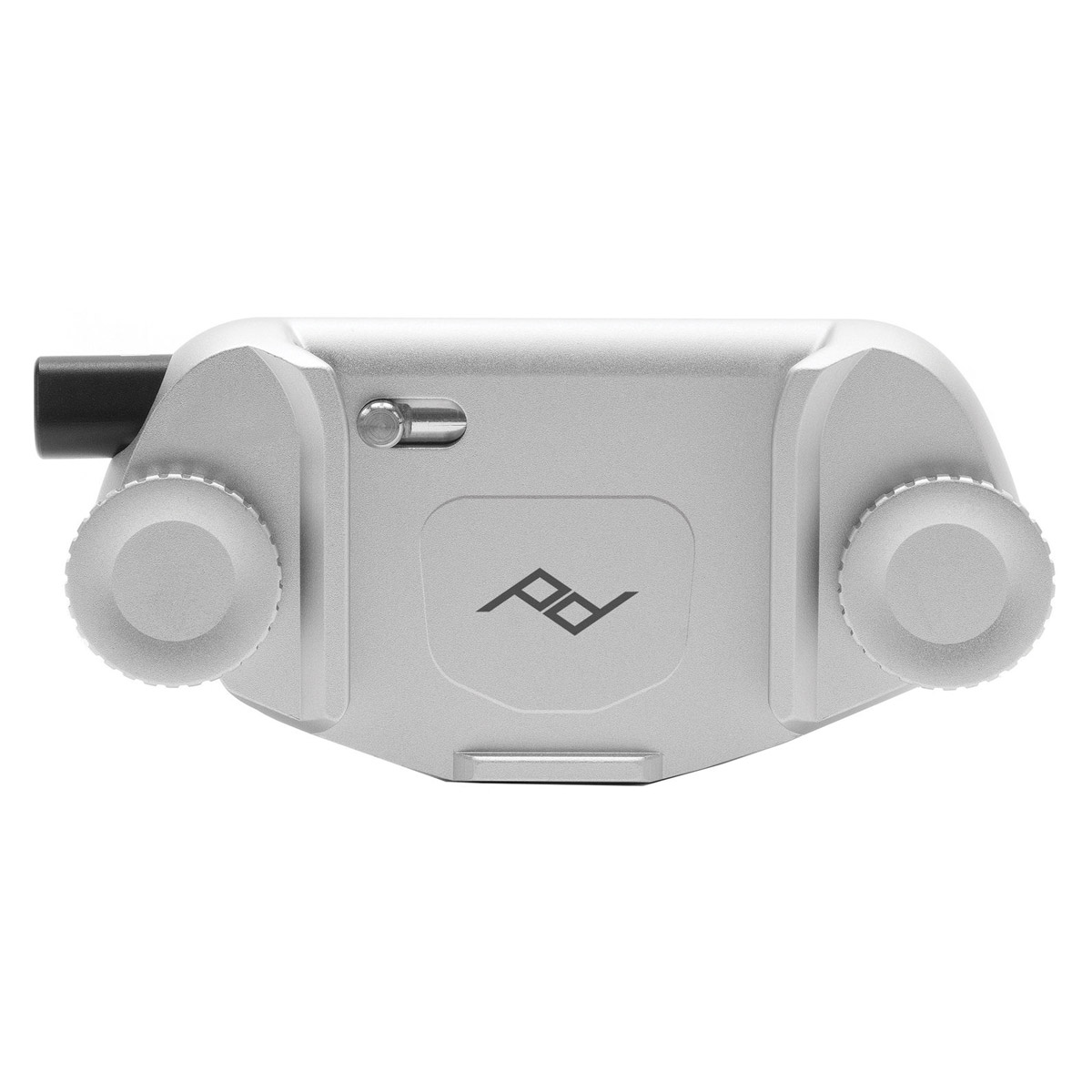Peak Design Capture (clip only) - Silver is a silver coloured metal camera clip with two textured control wheels, a button and the Peak Design logo on the front.