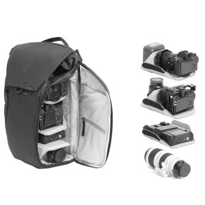 Peak Design Everyday Backpack v2 30L -kamerareppu, musta, on kuvassa päälokero avattuna, ja siinä on siististi järjestetyt kamerat ja objektiivit. Vieressä on lähikuvia pehmustetuilla väliseinillä olevista varusteista.