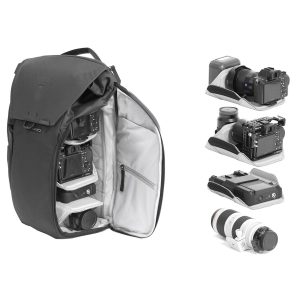 Peak Design Everyday Backpack v2 30L -kamerareppu, tummanharmaa on auki ja paljastaa lokerot, joiden sisällä on kameroita ja objektiiveja. Neljä muuta kameraa ja objektiivia näkyy erikseen pehmustetuissa väliseinissä oikealla.