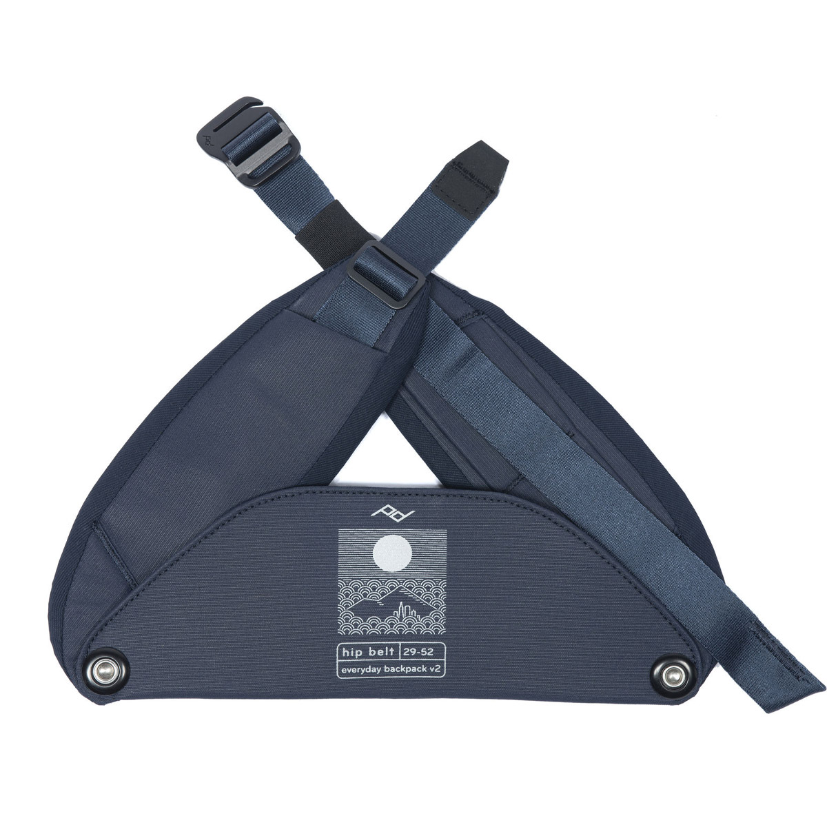 The Midnight navy Peak Design Everyday Hip Belt V2 (29-52") backpack features adjustable straps, metal buttons and a label with mountain and sun graphics that reads "hip belt p-p-52 everyday backpack v2".