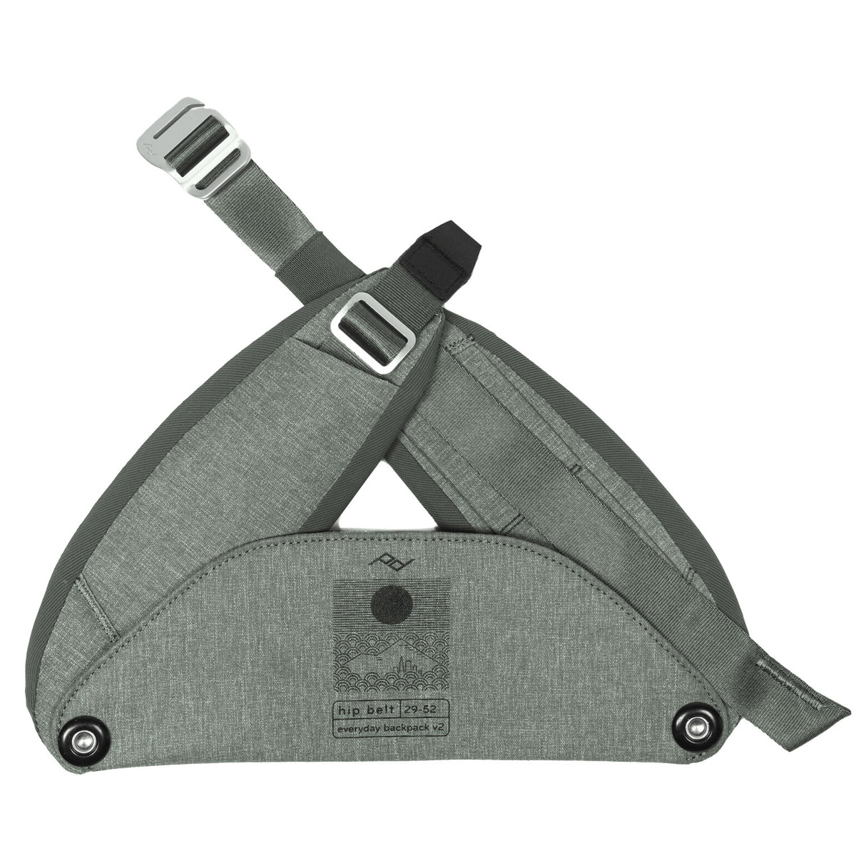 The Peak Design Everyday Hip Belt V2 Sage (29-52") features adjustable straps, buckle, two metal buttons and a zippered pocket for use with an everyday backpack.