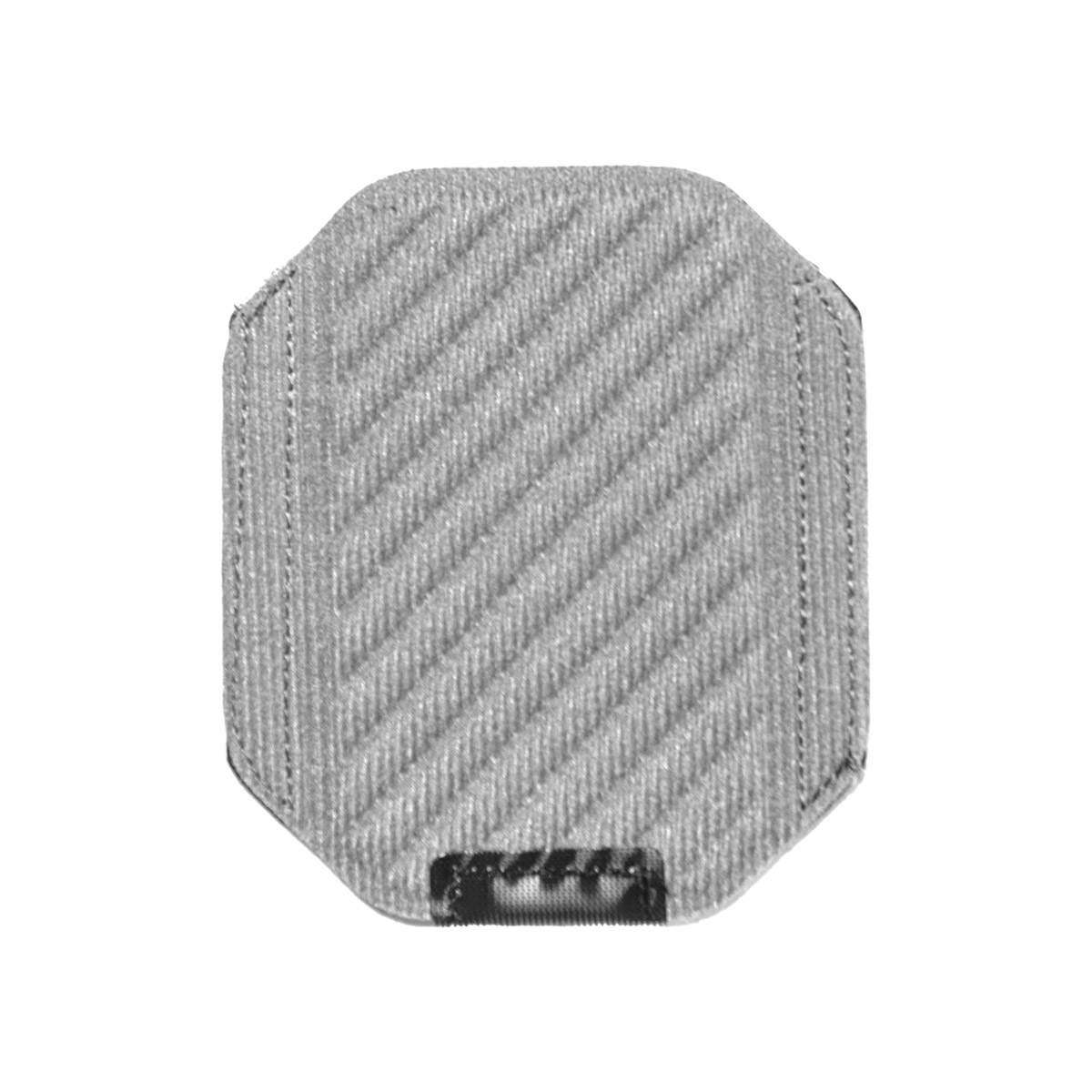 Close-up of the grey, patterned Peak Design Spareparts Travel Bags - Extra Small Travel Divider, with bias stitching and a small black stitched detail at the centre bottom, which appears to be made of canvas.