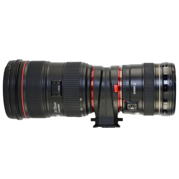 Peak-Design-Lens-Kit-Canon-3 Peak Design Lens Kit - Canon EF, jossa on musta kotelo, punaiset renkaat, zoomin lukituskytkin ja jalustan kiinnityskaulus, vaakasuorassa valkoisella pohjalla.