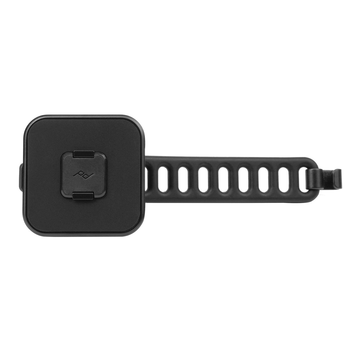 Peak Design Mobile Universal Bar Mount - musta on suorakulmainen pyöräkiinnike, jossa on säädettävä hihna, jossa on useita reikiä turvallista kiinnitystä varten ja neliön muotoinen alusta, jossa on pieni keskellä oleva logo.