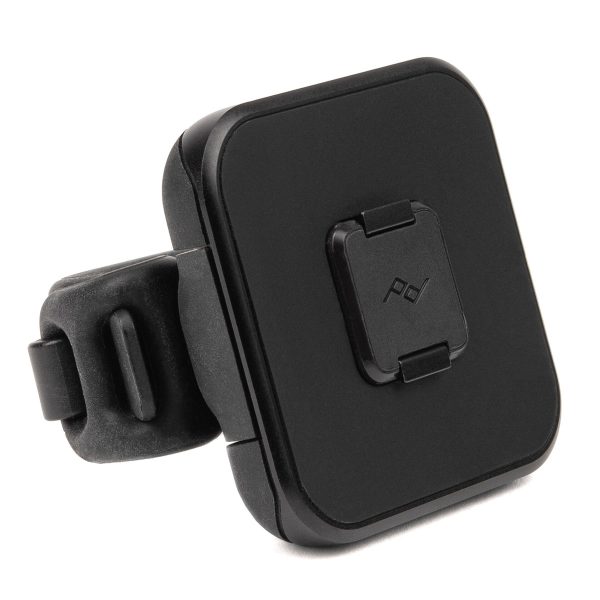 Peak Design Mobile Universal Bar Mount - Black on musta, neliskulmainen lisävaruste, jossa on pyöristetyt reunat ja sivukiinnike ja joka on suunniteltu kiinnittämään laite turvallisesti hihnaan tai vyöhön.