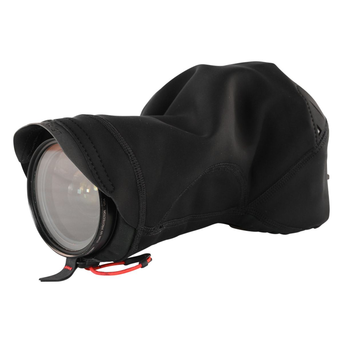 Peak Design Shell Camera Cover - Small is a black rain cover made of flexible, waterproof material with red drawstrings to attach it to the camera lens.