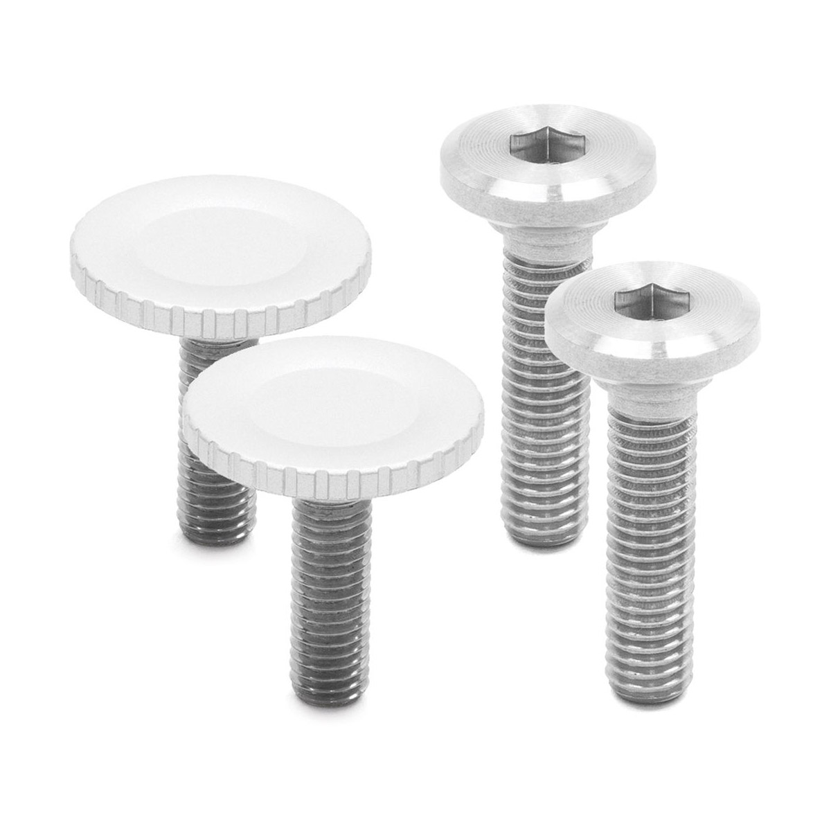 Four Peak Design Spare Capture Bolts (silver) are placed on a white background. Two of the bolts have smooth, silver heads and two have white, textured heads. All have a threaded shank.
