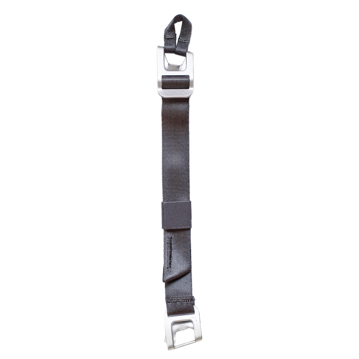 The Peak Design Spareparts V2 Everyday Backpack V2 Sternum Strap in Ash features a black nylon strap with rectangular silver buckles at each end.