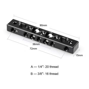 SmallRig-1091-2 SmallRig 1091 Juustotanko: Musta suorakaiteen muotoinen metallitanko, 90mm x 15mm, jossa on kierrereiät (A: 1/4"-20, B: 3/8"-16) 36mm ja 72mm välein. Mittatietokilvet kuvassa.