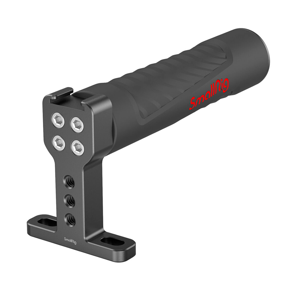 SmallRig 1446 Top Handle (Rubber) on musta kamerakahva, jossa on kuvioitu kumikahva ja useita kiinnitysruuvin reikiä valkoisella pohjalla.