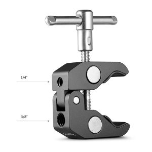 The SmallRig 2058 Super Clamp, with 1/4" and 3/8" threads, features a T-handled screw and two jaws ideal for clamping or holding objects in place.