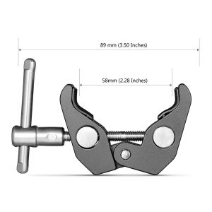SmallRig 2058 Super Clamp with 1/4" & 3/8" Thread (2 pieces) is shown in the side view, with a length of 89 mm (3.50") and a jaw opening width of 58 mm (2.28").