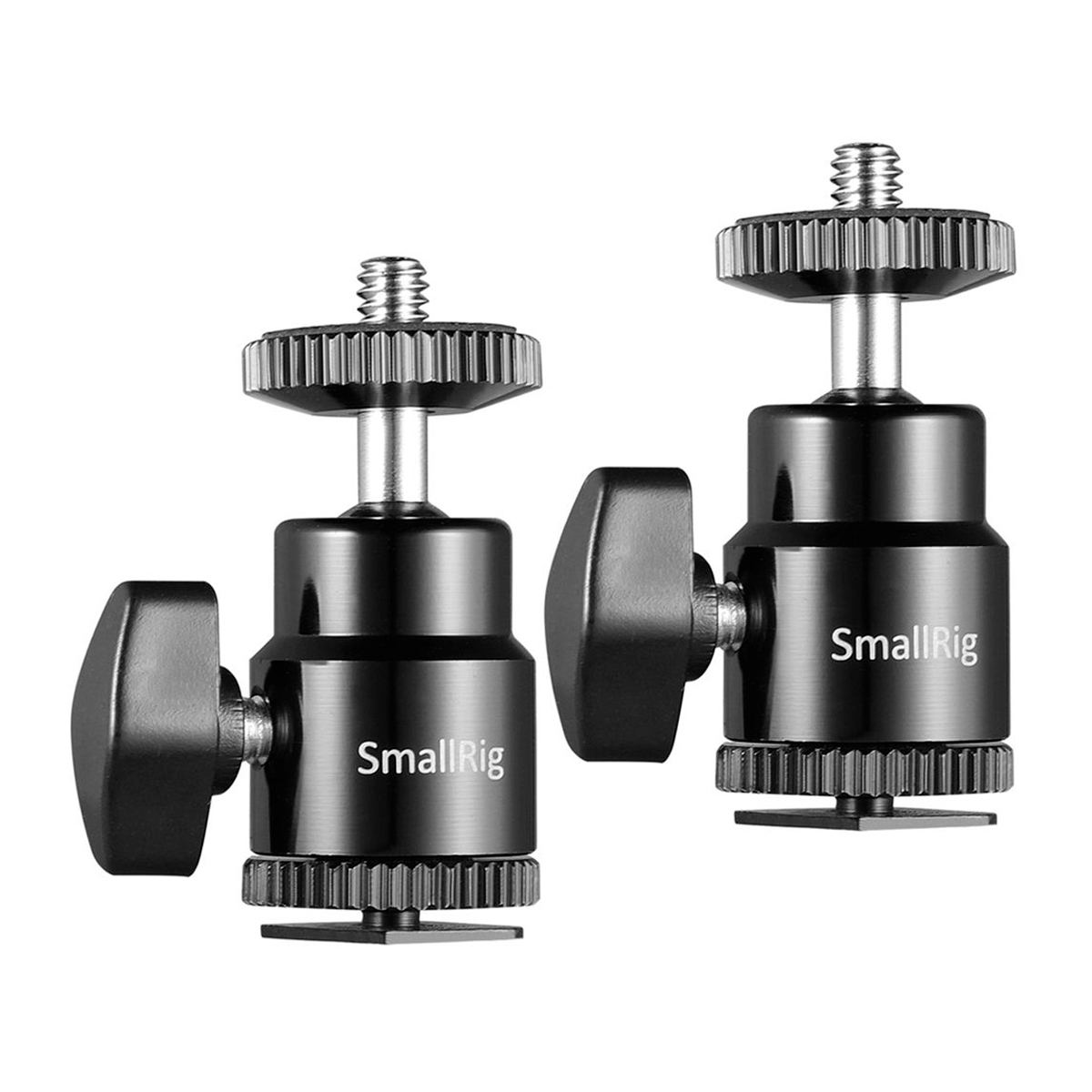 Kaksi SmallRig 2059 -kameran Cold Shoe Ballhead 1/4 "SC -kiinnikettä (2-pack) mustaa metallia, joissa on säädettävät nupit ja ruuvikierteet valkoisella pohjalla.