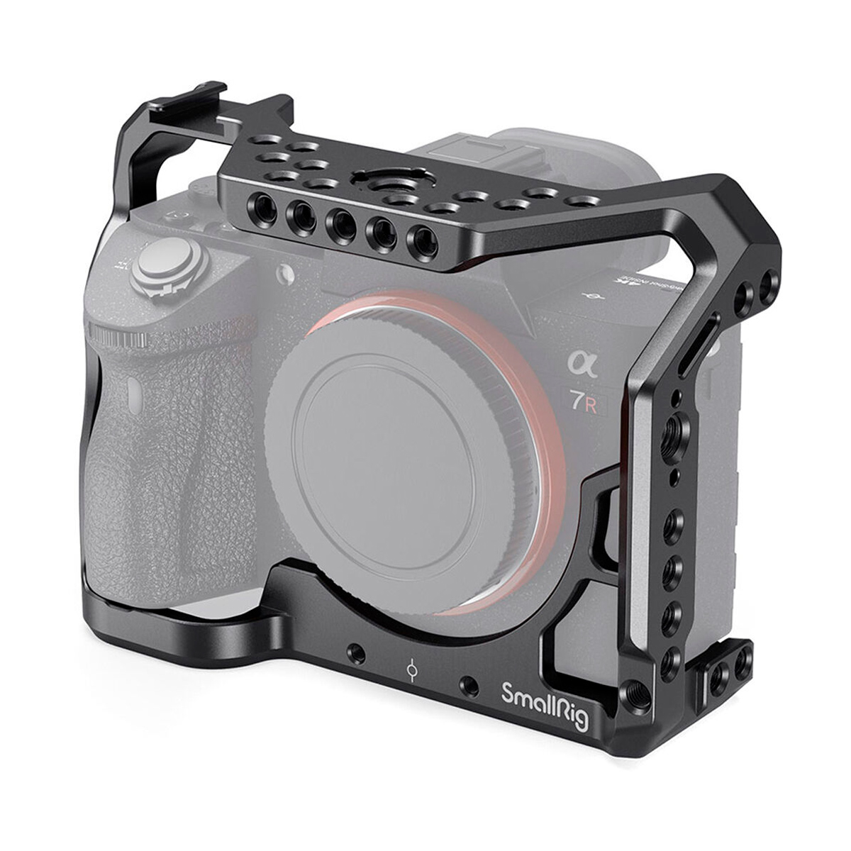 SmallRig 2087 Cage for Sony A7III/A7RIII on musta metallinen häkki, jossa on useita kierrereikiä ja avoin muotoilu, joka on asennettu kameran rungon ympärille tarjoamaan lisälaitteiden kiinnityspisteitä ja lisäsuojaa.