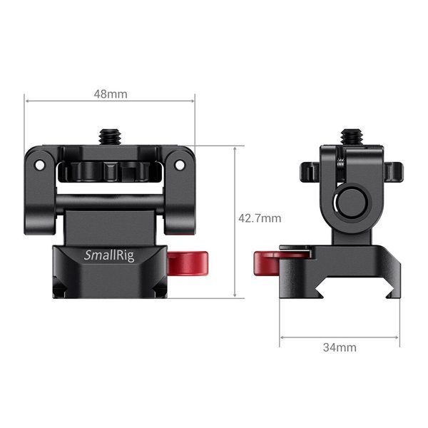 SmallRig 2100 Monitor Holder w/ NATO Clamp on esitetty edestä ja sivulta, ja siinä on merkitty mitat: 48 mm leveä, 34 mm syvä ja 42,7 mm korkea. Siinä on musta viimeistely ja punaiset säätönupit.