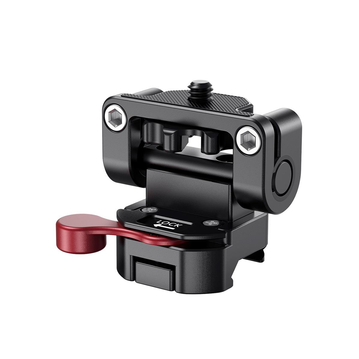 SmallRig 2100 Monitor Holder w/ NATO Clamp on musta ja punainen metallisovitin, jossa on pikakiinnike ja säädettävät saranat ja joka on suunniteltu kameran lisävarusteiden tai laitteiden kiinnittämiseen.