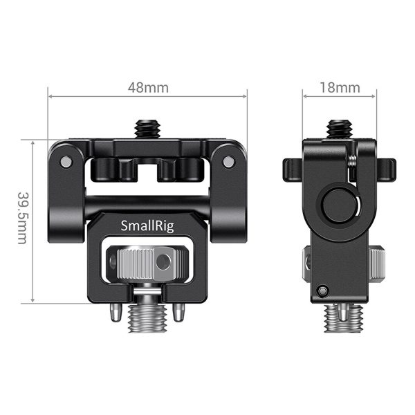 SmallRig 2174 -monitorikiinnike ARRI-paikannustapeilla, joka on valmistettu mustasta metallista ja jossa on hopeanväriset säätönupit, näkyy edestä ja sivulta. Mitat: 48 mm leveä, 39,5 mm korkea ja 18 mm syvä.