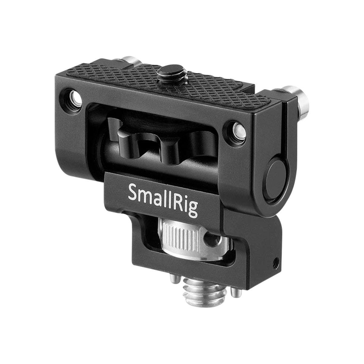 SmallRig 2174 Monitor Mount w/ ARRI Locating Pins on musta metallinen kameran lisävaruste, jossa on nupitetut pinnat, säätönupit ja ruuvikiinnitys ja joka on suunniteltu monitorien tai lisävarusteiden kiinnittämiseen kamerarigiin.