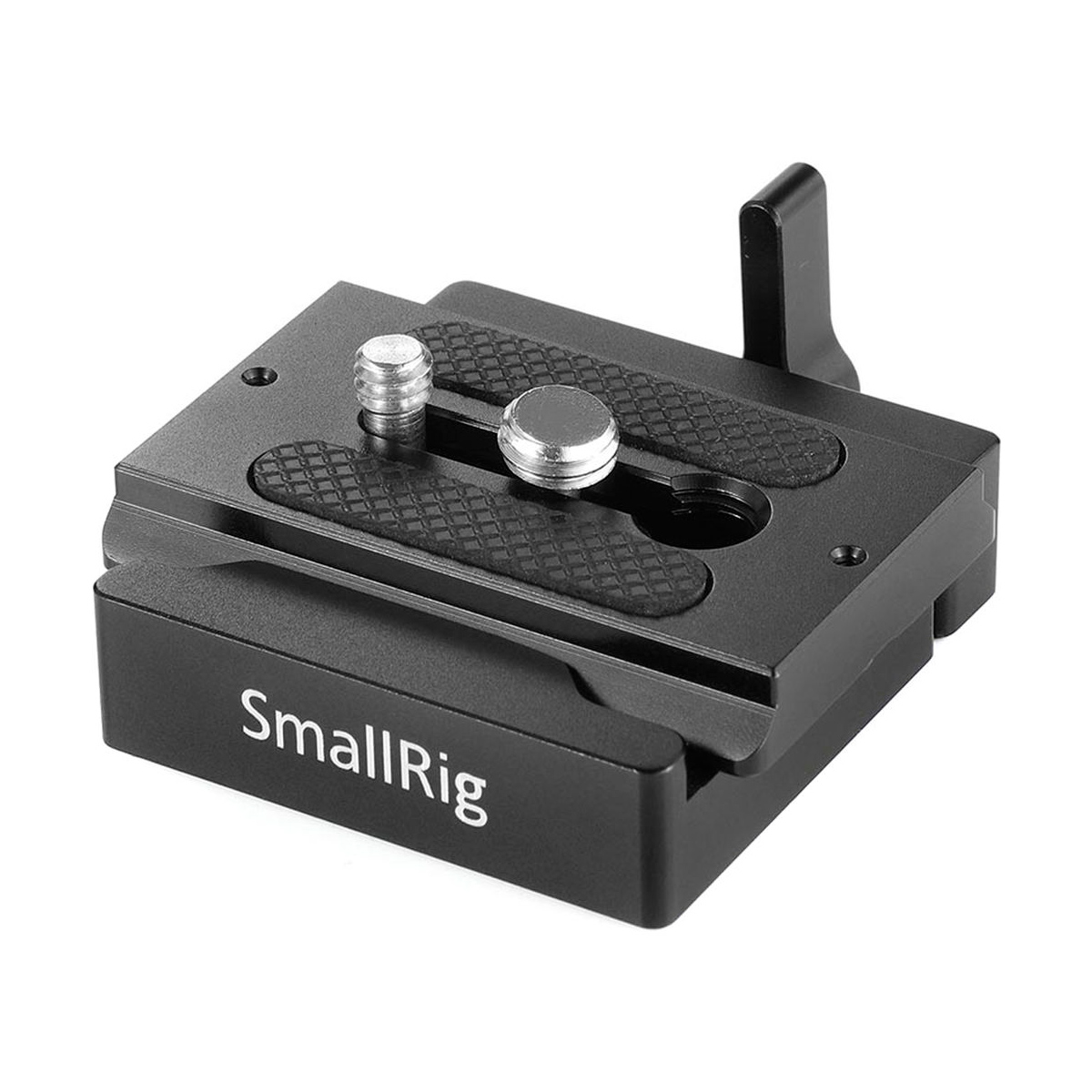 SmallRig 2280 QR Clamp & Plate Arca on musta metallinen pikakiinnityslevy, jossa on kuvioitu kahva, kaksi kiinnitysruuvia ja sivuvipu ja joka on suunniteltu kameroiden kiinnittämiseen kolmijalkaan tai vakaajaan.
