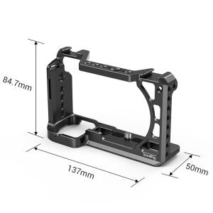 The SmallRig 2310 Cage for Sony A6100/6300/6400/6500 is a metal camera cage (84.7 mm high, 137 mm wide, 50 mm deep) with multiple mounting holes and the SmallRig logo on the bottom.