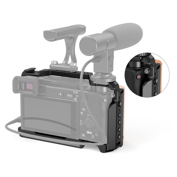 The SmallRig 2310 Cage for Sony A6100/6300/6400/6500 is pictured from the rear, with the controls in the top right corner of the cage highlighted in the close-up.