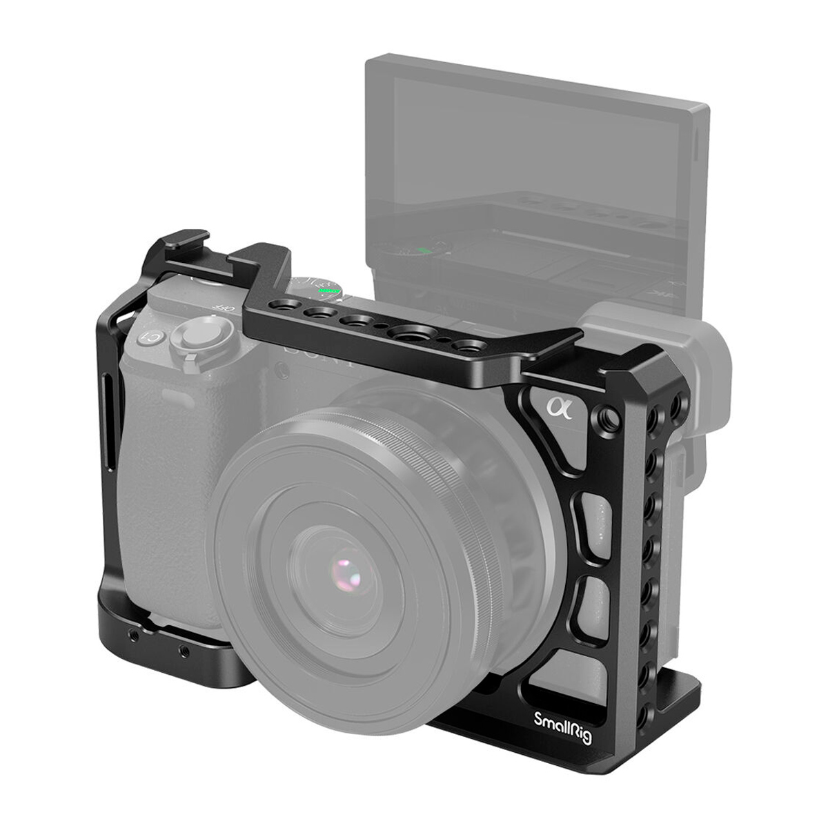 The Sony A6100/6300/6400/6500 camera and lens are housed in a black metal SmallRig 2310 cage with multiple mounting holes and a top handle opening. The camera's pivoting screen is partially raised and semi-transparent.
