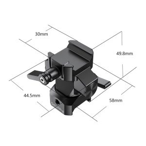 SmallRig 2385 Swivel & Tilt Mount with NATO Clamp, kuvassa mustana, sisältää säätönupit ja kiinnitysvaihtoehdot, joissa on merkitty mitat: Korkeus 30 mm, syvyys 49,8 mm, leveys 44,5 mm ja pohjan pituus 58 mm.