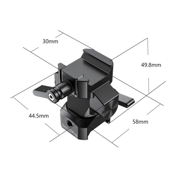 SmallRig 2385 Swivel & Tilt Mount with NATO Clamp, kuvassa mustana, sisältää säätönupit ja kiinnitysvaihtoehdot, joissa on merkitty mitat: Korkeus 30 mm, syvyys 49,8 mm, leveys 44,5 mm ja pohjan pituus 58 mm.