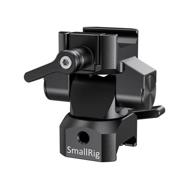 SmallRig 2385 Swivel & Tilt Mount w/ NATO Clamp on musta metallinen, säädettävillä vipuilla varustettu kameran lisävarustekiinnike, joka on suunniteltu kameralaitteiden turvalliseen kiinnittämiseen.